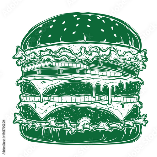 Green double cheeseburger with sesame seed bun and melted cheese