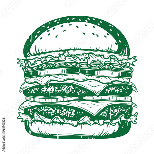 Green double decker hamburger with lettuce and sesame seed bun double decker burger green sesame seed bun