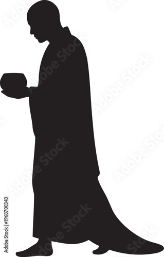 Buddhist monk silhouette walking with alms bowl, spiritual zen concept, traditional orange robe silhouette isolated on white, meditation and mindfulness, religious offering, peaceful monk pose.