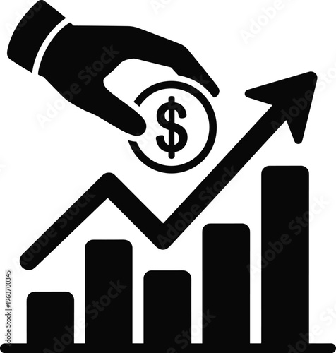 Hand placing dollar coin on bar chart with rising arrow indicating investment growth and financial profit increase.