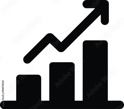 Increasing bar graph chart with upward trending arrow indicating financial growth and success on transparent background