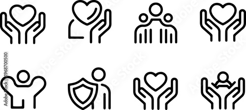 Hands Gesture Icon Set — Linear Symbols of Care, Protection, Support, Creativity and Human Connection with Hearts, Arrows, Gears, Planet, Star and Light Bulb