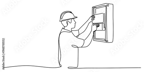 A single continuous line drawing of an electrician working on a residential power breaker panel Vector, illustration