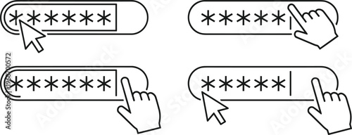 Set of password field icons with hidden characters and pointer or hand cursor for web design.