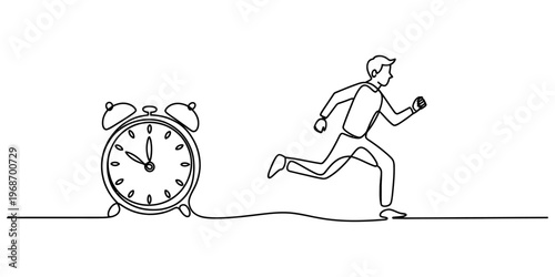 Continuous line drawing of a businessman running away from a large vintage style alarm clock Vector, illustration