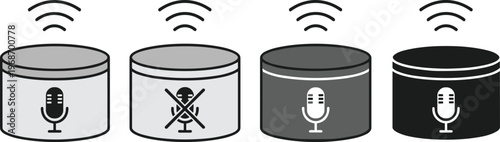 Smart speaker icons with microphones and sound waves various colors isolated on transparent background.