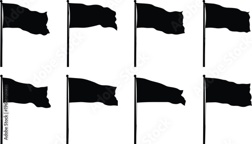 Black flags waving on poles with different shapes and movements isolated on transparent background.