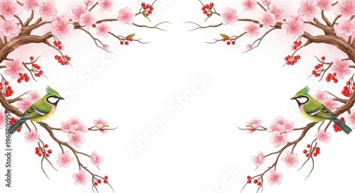 Birds perched on flowering cherry blossom tree branches border