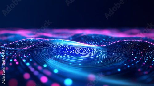 A holographic fingerprint recognition scan being accepted with bright pulses and digital waves 