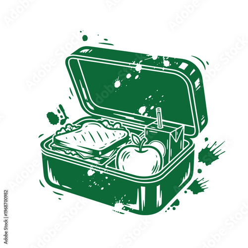 Green lunchbox with sandwich apple and juice box food