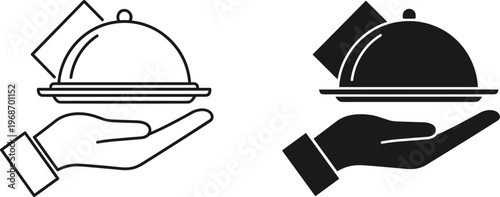 Waiter hand holding serving cloche and tray icon set vector illustration.