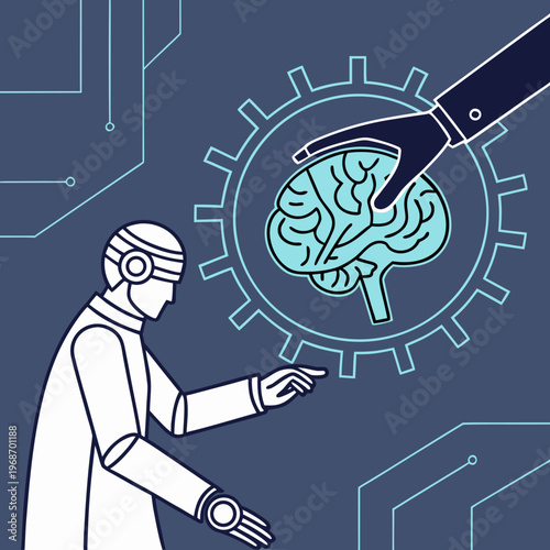A futuristic illustration of a robotic figure interacting with a mechanical brain