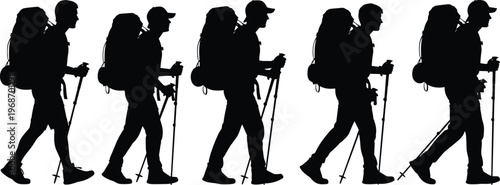Black silhouettes set of hikers walking with backpacks and trekking poles, mountain climbers, tourists, outdoor adventure isolated on white background, comma