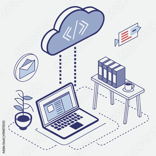 A vector graphic illustration of a laptop connected to a cloud with coding symbols, surrounded by office and communication icons.