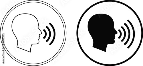 Voice recognition technology icon with human head profile and sound waves for smart authentication.