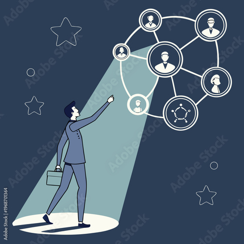 A businessman in a blue suit reaching up to a network of connected people icons
