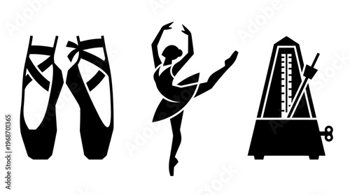 Ballet shoes, dancer, and metronome icon