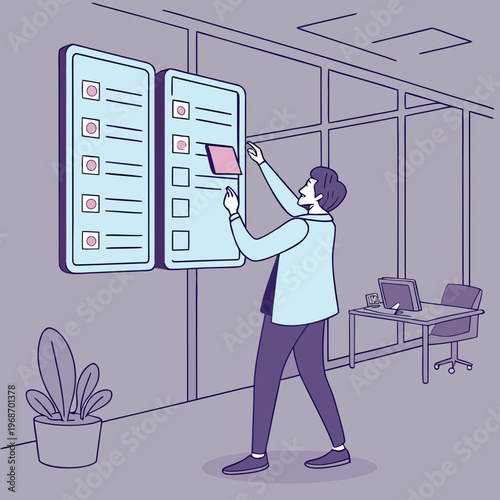 A man in an office setting is placing a sticky note on a large checklist on the wall.