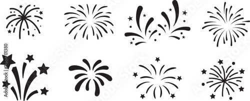 Set of different silhouettes of fireworks on a white background