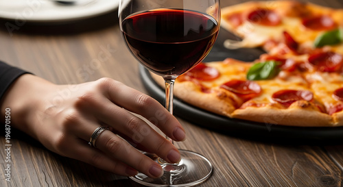 A hand holding a wine glass with a pepperoni pizza in the background, a perfect meal for a cozy evening