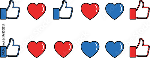 Social media likes and hearts icons set red blue on transparent background.