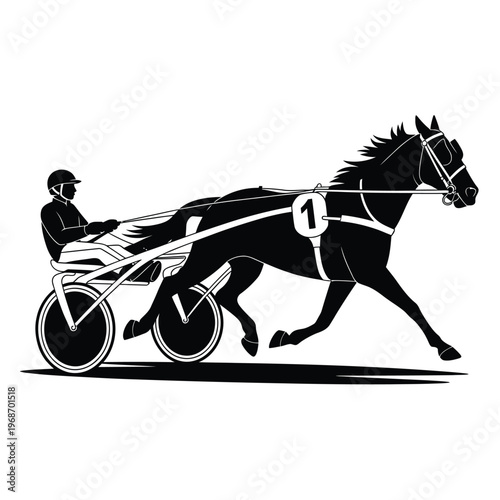 A black and white illustration of a horse drawn carriage racing