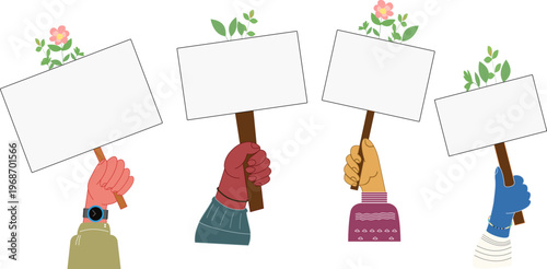 Hands holding blank floral sign boards with leaves and flowers isolated