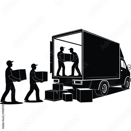 Movers unloading boxes from a truck a scene of relocation activity
