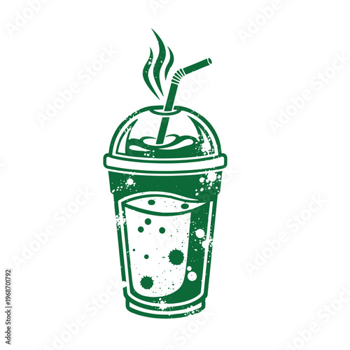 Green soda cup with straw and bubbles on white background