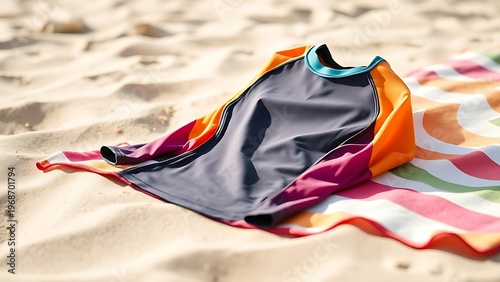 rashguard. A colorful rashguard draped over a beach towel on sunlit sand. product launch decks, UI/UX mockups, designed for product launches and innovation pitches, supports product launches.