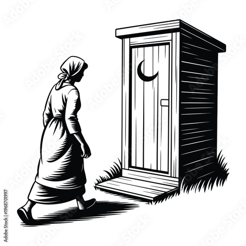 Bilde på lerret A woman walks toward a wooden outhouse with a crescent moon cutout