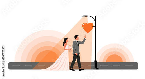Wedding Couple Walking Towards Love Heart Symbol on Street Light