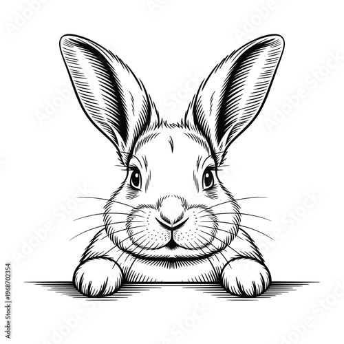 Detailed engraving of a rabbit s face with focused forward gazing eyes