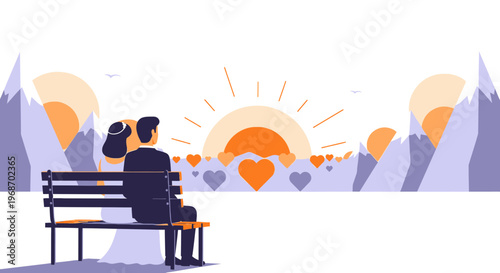 Wedding Couple Watching Sunrise with Hearts Illustration