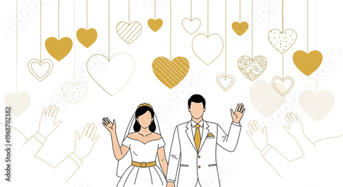 Wedding Couple Waving, Golden Hearts Decoration, Love Celebration