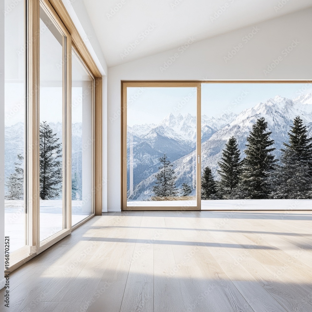 Fototapeta premium Minimalist Room Expansive wood-framed windows offer a panoramic view of a snowy mountain range and evergreen trees, bathed in natural light. Modern winter alpine retreat. ,architecture
