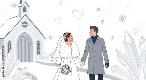 Winter Wedding Couple Holding Hands Outside Chapel with Snowflakes and Crystals