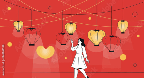 Woman admiring heart-shaped lanterns at festive night market