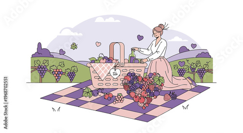 Woman and Picnic Basket with Fruits in Vineyard Landscape