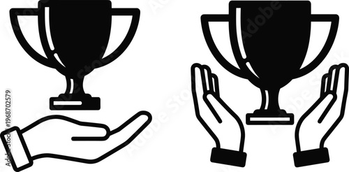Two black icons of a trophy held by hands, one outline and one solid, on transparent background.