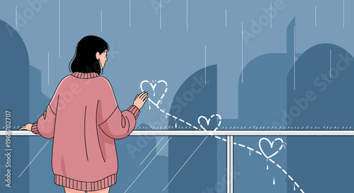 Woman Drawing Hearts on Rainy Window: Loneliness, Longing, Romantic Illustration