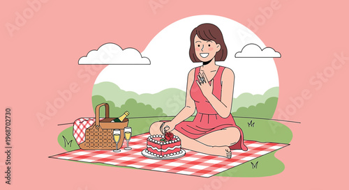 Woman Enjoying Picnic with Cake and Champagne in Nature