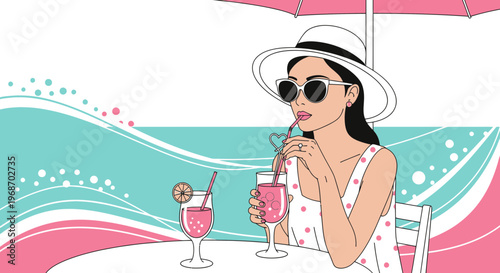 Woman drinking cocktail at beach cafe, summer holiday, refreshing drink, stylish outfit