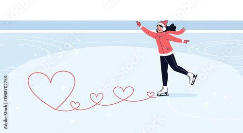 Woman Figure Skating on Ice Rink Drawing Hearts, Winter Romance