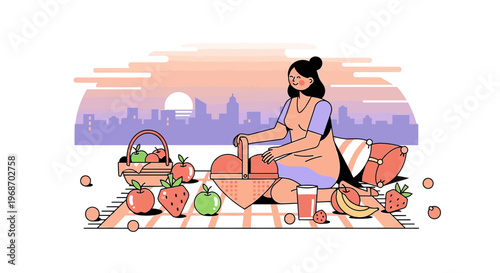 Woman Enjoying Picnic with Fruits and Cityscape Sunset Background