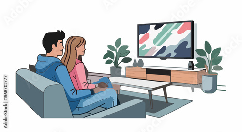 Stylized couple watching TV in living room vector EPS10 isolated on white