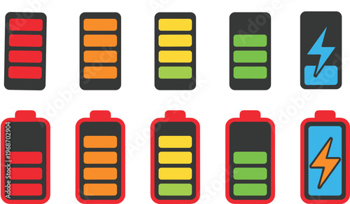 Battery level indicator icons set with charging symbol, low to full power status collection isolated on light background, vector illustration pack