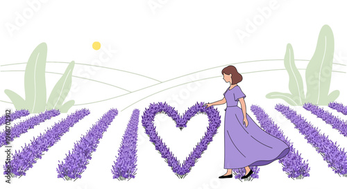 Woman in Lavender Field Arranging Heart Shape with Flowers