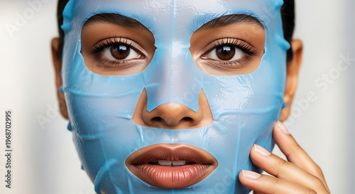 Close up of woman face with blue cosmetic sheet mask for skin hydration and rejuvenation. Digital art.