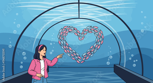 Woman Points to Heart Shape School of Fish in Aquarium Tunnel